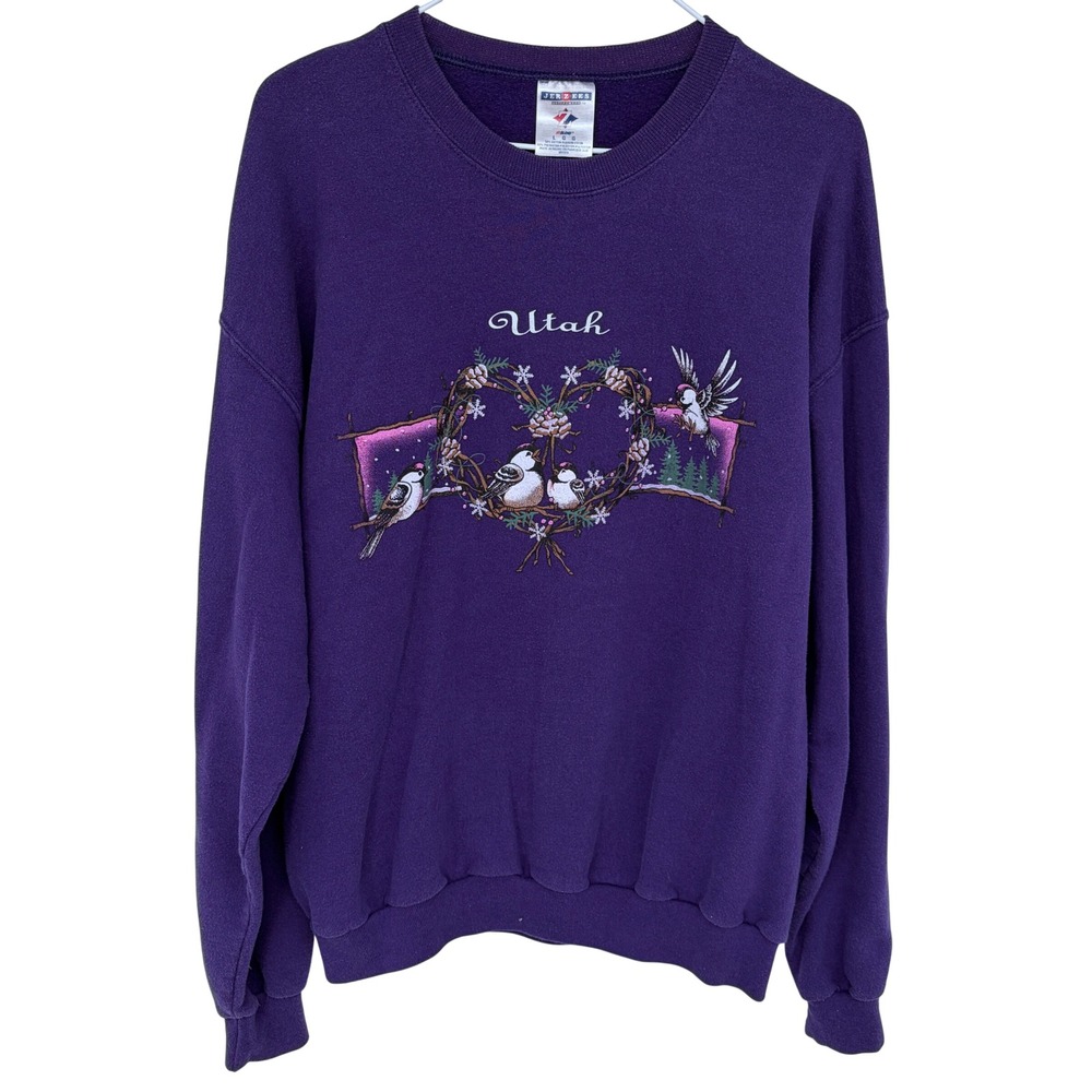 Vintage 90s Purple Birds Graphic Crewneck Sweatshirt Large Utah‎ Jerzees Nature